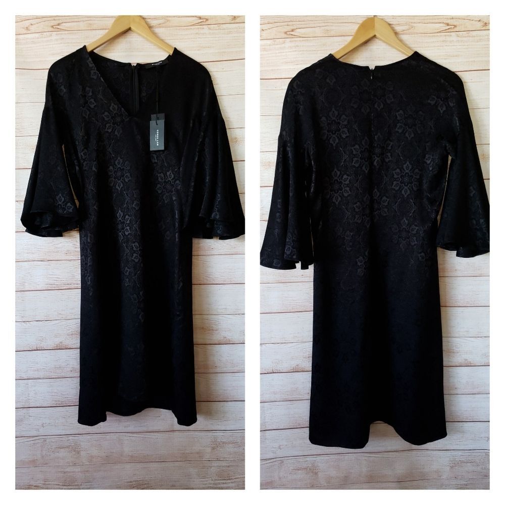 Derek Lam Jacquard Shift Bell Sleeves Dress in Black V-Neck Women's Size 42 - Picture 3 of 9